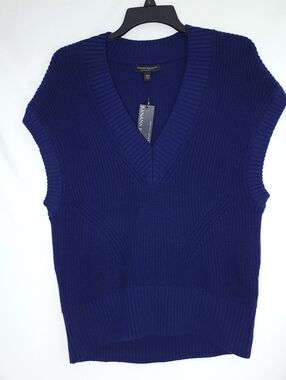 BANANA REPUBLIC Women's Navy Blue Ribbed Knit V-neck Fisherman Sweater Vest XS/S